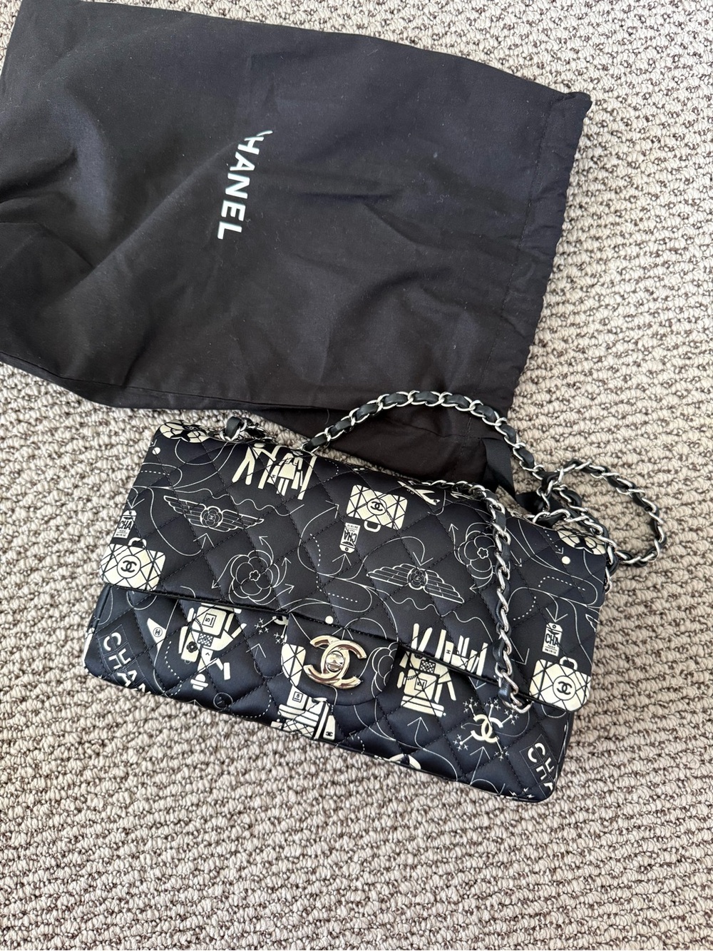 CHANEL airlines classic double flap bag quilted  printed satin medium